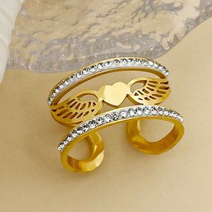3/$35 Gold Plated Heart Wings Open Ring Stainless Cubic Zirconia Diamond